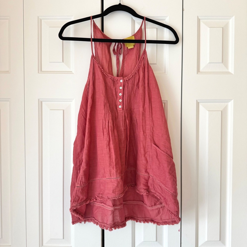 Maeve Anthropologie Pink Pintuck Lace Trim High Low Fringe Tank Top Size 8
